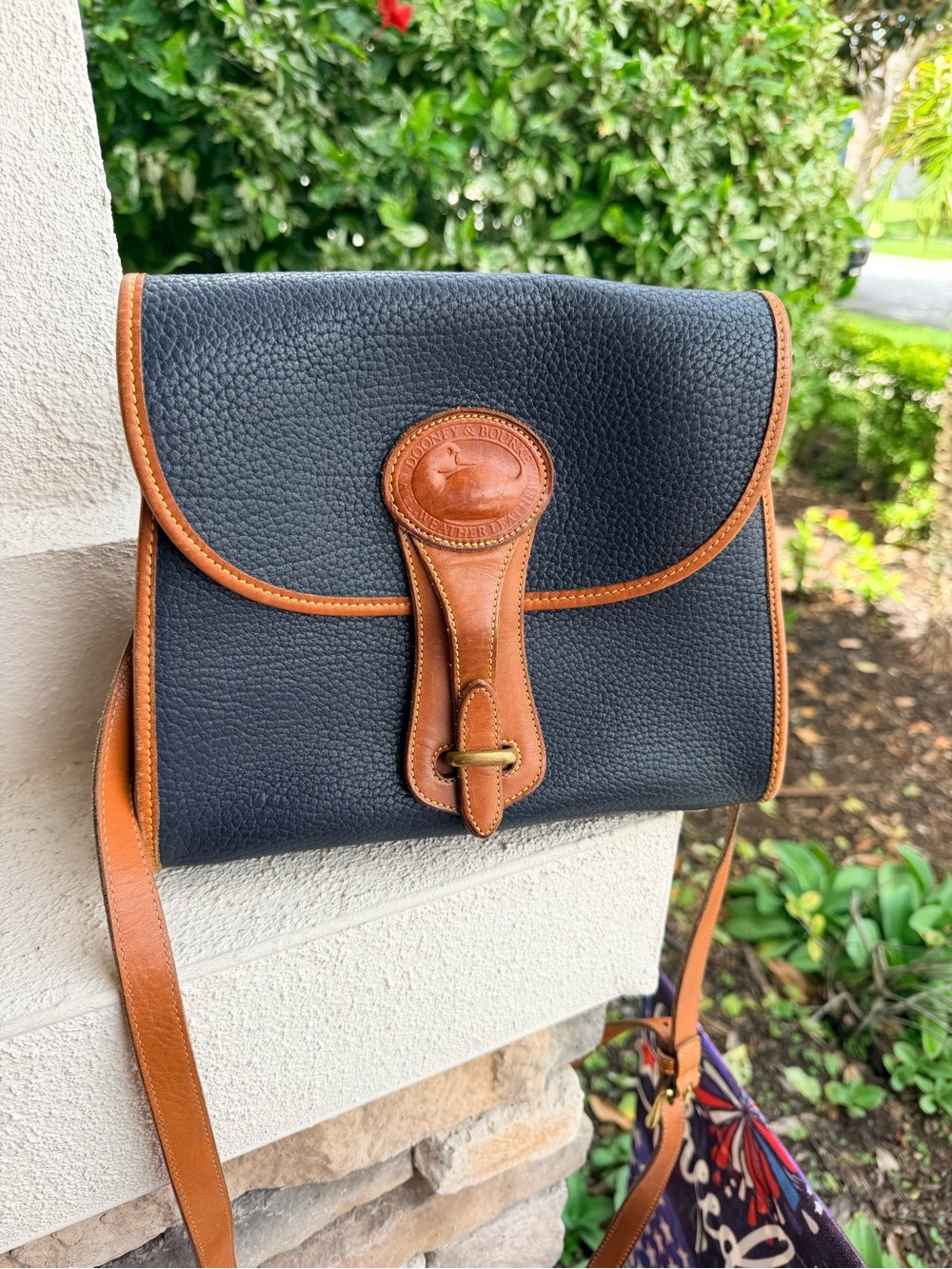 Vintage Dooney & Bourke All Weather Leather Navy British Tan Crossbody USA Made